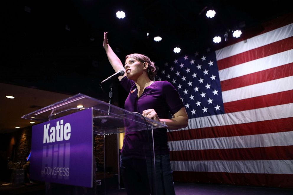 PHOTO:  Democratic Congressional candidate Katie Hill waves to supporters at her election night party in California's 25th Congressional district on Nov. 6, 2018 in Santa Clarita, Calif.