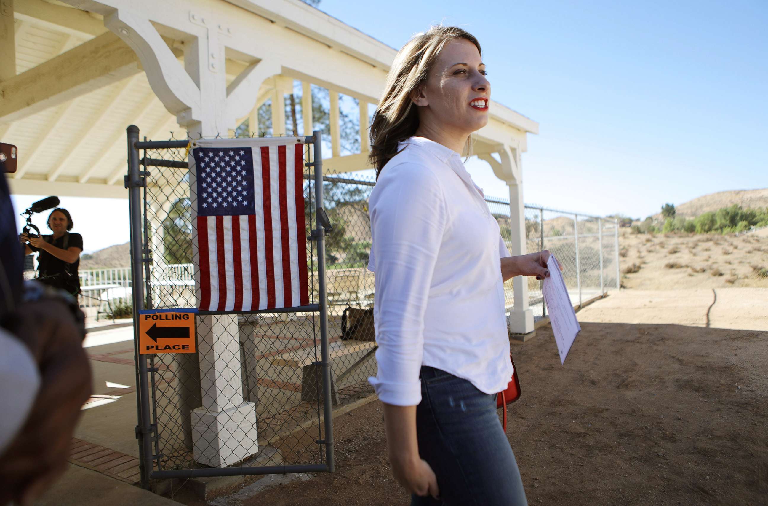 PHOTO: Democratic Congressional candidate Katie Hill prepares to enter a polling place to vote in California's 25th Congressional district on Nov. 6, 2018 in Agua Dulce, Calif.