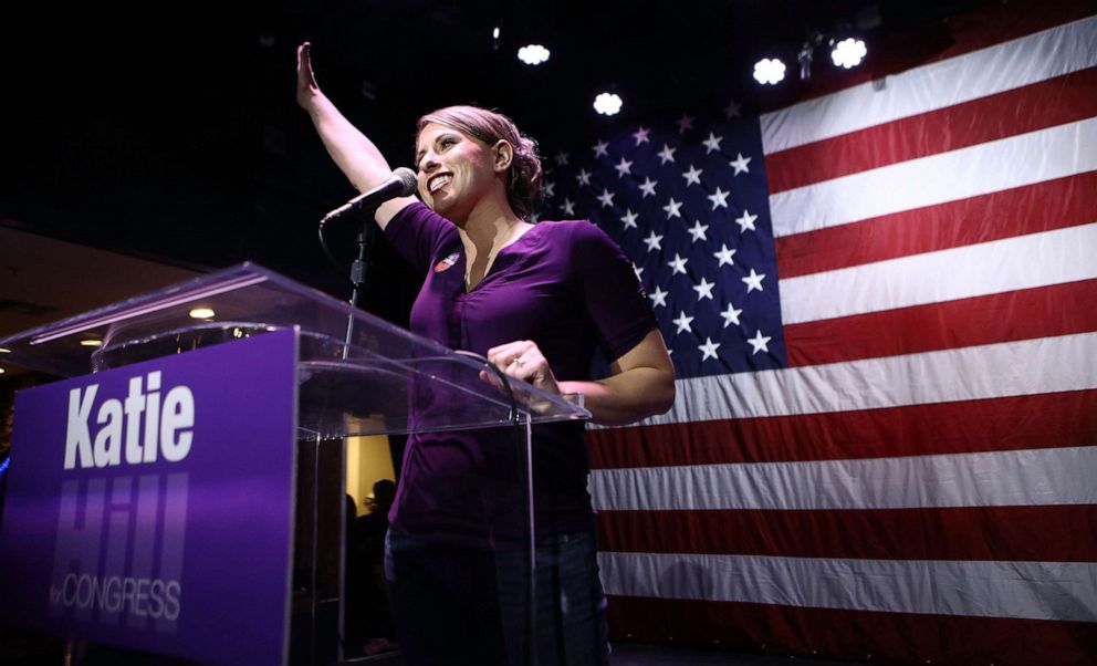 PHOTO: Then-Congressional candidate Katie Hill waves to supporters at her election night party in California's 25th Congressional district on Nov. 6, 2018, in Santa Clarita, Calif.