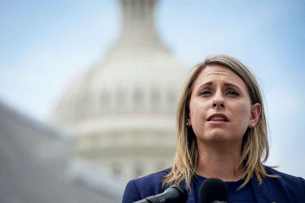 PHOTO: Rep. Katie Hill speaks at a press conference to introduce ACTION for National Service outside of the Capitol, June 25, 2019.