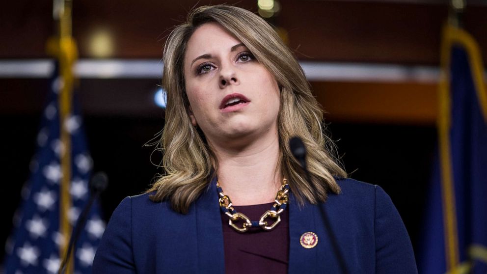 PHOTO: Rep. Katie Hill. D-CA. speaks during a news conference on April 9, 2019 in Washington, D.C.
