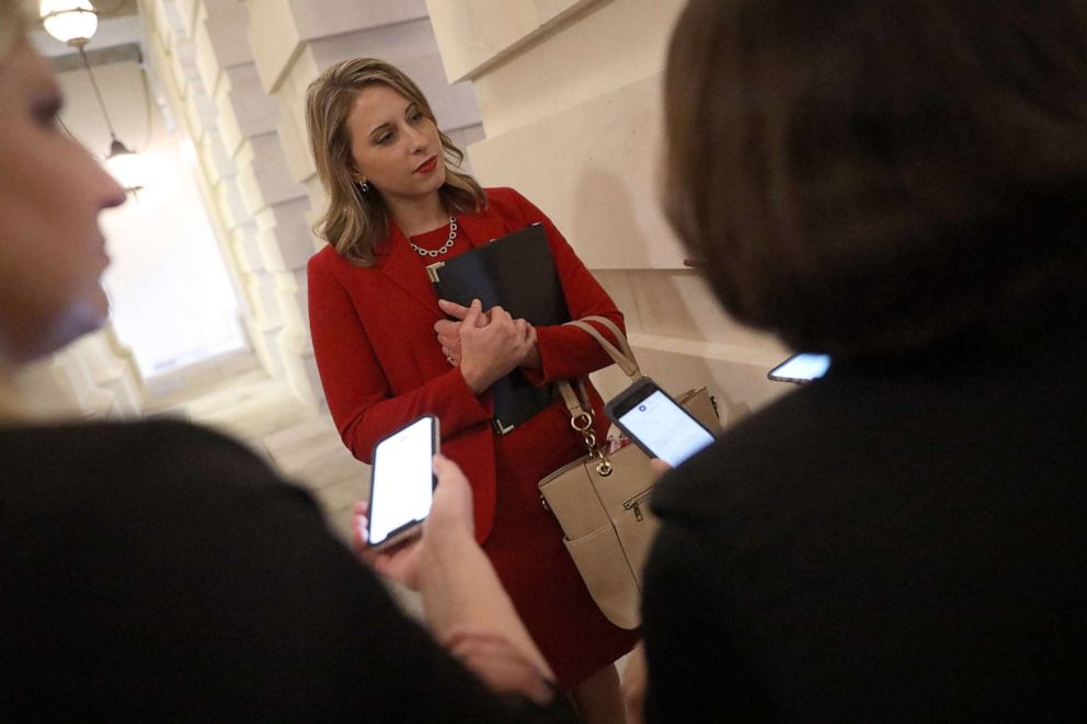 PHOTO: Rep. Katie Hill, D-CA, answers questions from reporters at the U.S. Capitol following her final speech on the floor of the House of Representatives in Washington, D.C., Oct. 31, 2019.