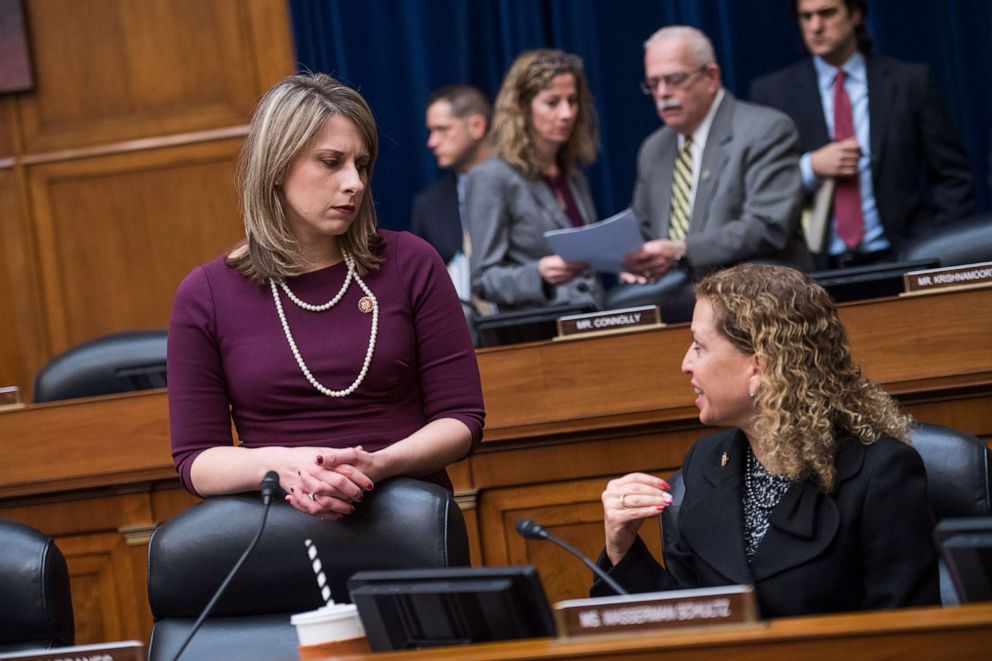 PHOTO: Rep. Katie Hill, D-Calif., left, attends a House Oversight and Reform Committee business meeting in Rayburn Building in Washington, D.C., Jan. 29, 2019.
