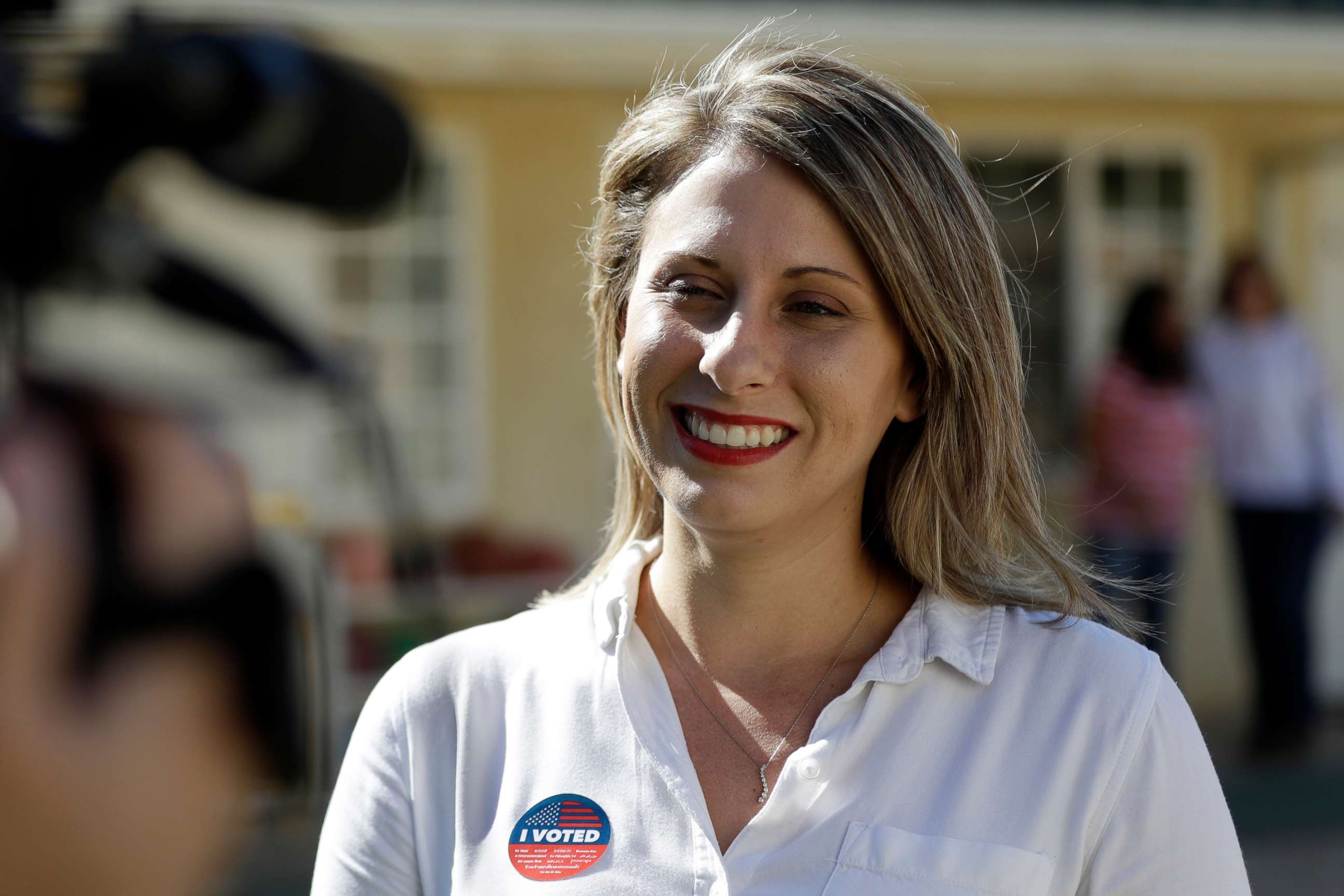 PHOTO: In this Nov. 6, 2018, file photo, Katie Hill speaks during an interview after voting in Agua Dulce, Calif.  