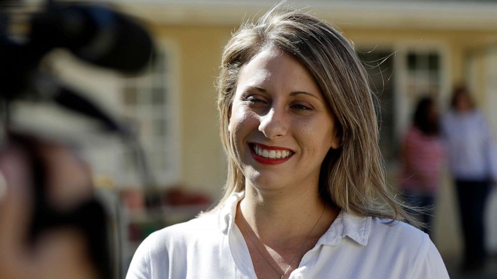 PHOTO: In this Nov. 6, 2018, file photo, Katie Hill speaks during an interview after voting in Agua Dulce, Calif.  