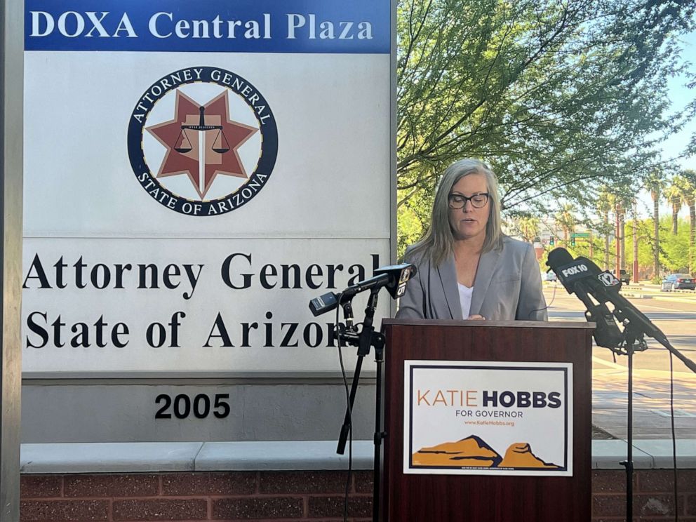 PHOTO: Arizona secretary of state and Democratic nominee for governor, Katie Hobbs, reacts to a judge ruling that a near-total abortion ban must be enforced in Arizona, outside the Attorney General's office in Phoenix, on Sept. 24, 2022.