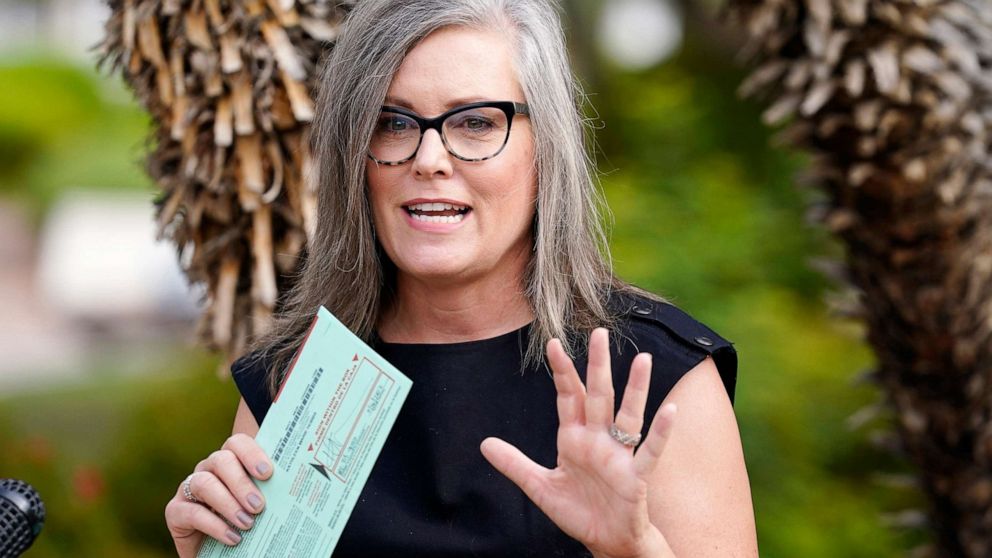 PHOTO: Arizona Democratic gubernatorial candidate Katie Hobbs speaks to the media before dropping off her primary election ballot, July 21, 2022, in Scottsdale, Ariz.