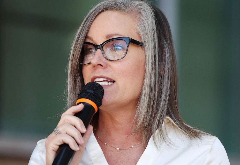 PHOTO: FILE - Arizona Secretary of State and Democratic gubernatorial candidate Katie Hobbs speaks at a press conference calling for abortion rights outside the Evo A. DeConcini U.S. Courthouse, Oct. 7, 2022 in Tucson, Arizona.