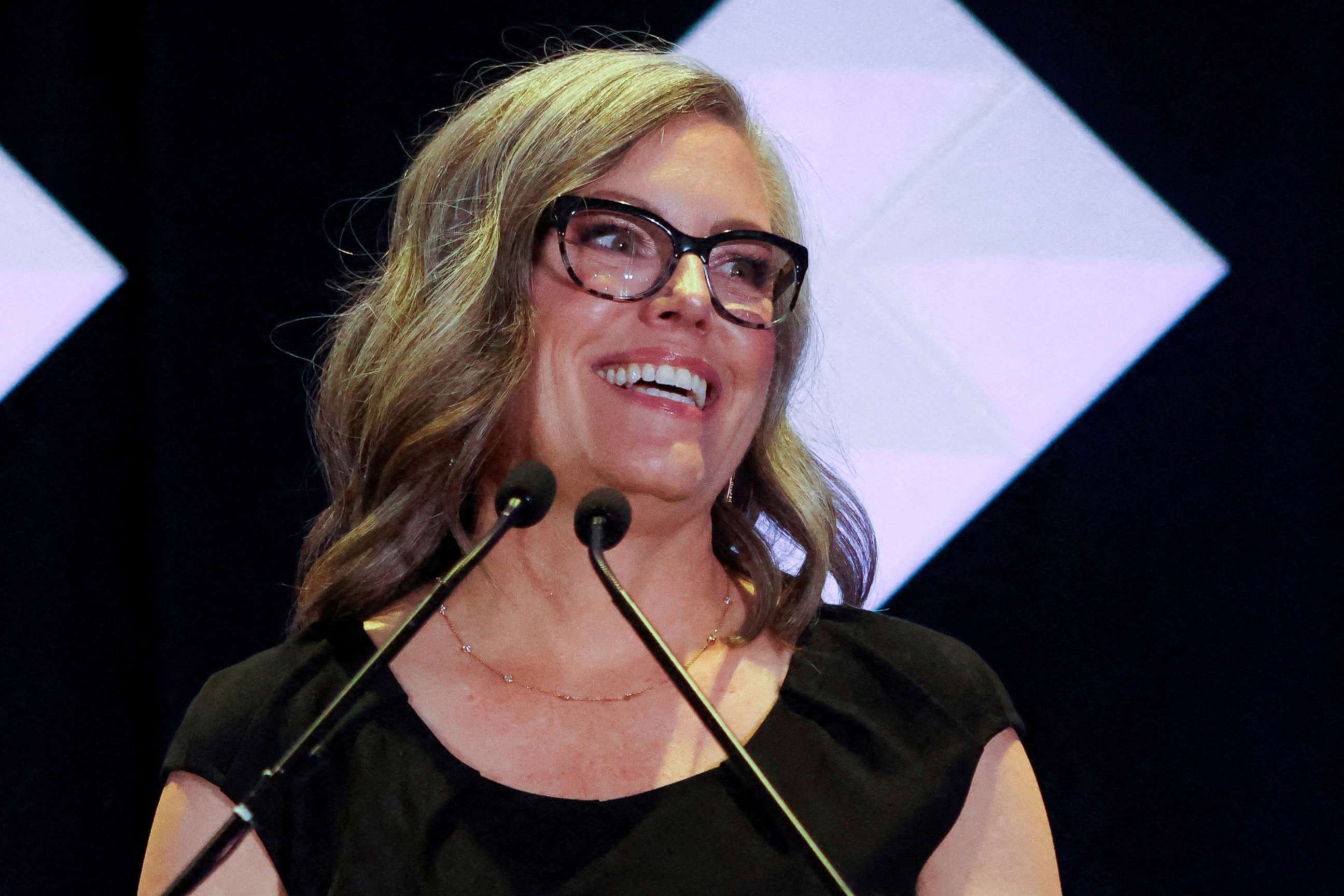 PHOTO: Democratic candidate for Governor of Arizona Katie Hobbs reacts at a midterm elections night party in Phoenix, Ariz., on Nov. 8, 2022.