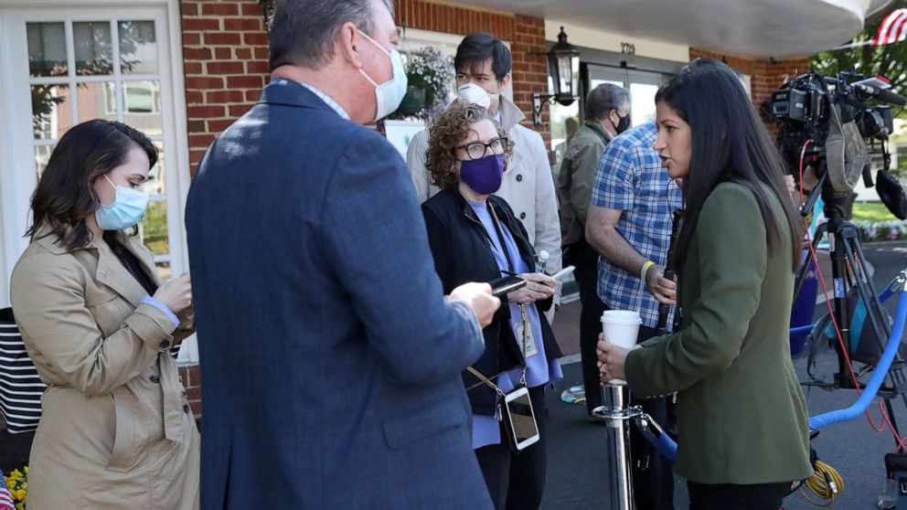 PHOTO: Katie Miller, Press Secretary for Vice President Mike Pence, right, speaks with reporters before an event featuring Pence delivering a shipment of PPE to the Woodbine Rehabilitation and Healthcare Center in Alexandria, Va., May 7, 2020.