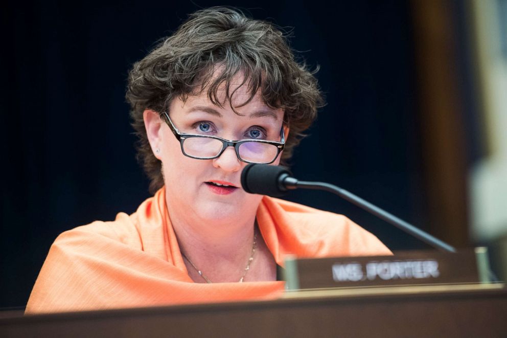 PHOTO: Rep. Katie Porter questions Federal Reserve Chairman Jerome Powell during a House Financial Services Committee hearing on February 27, 2019. 