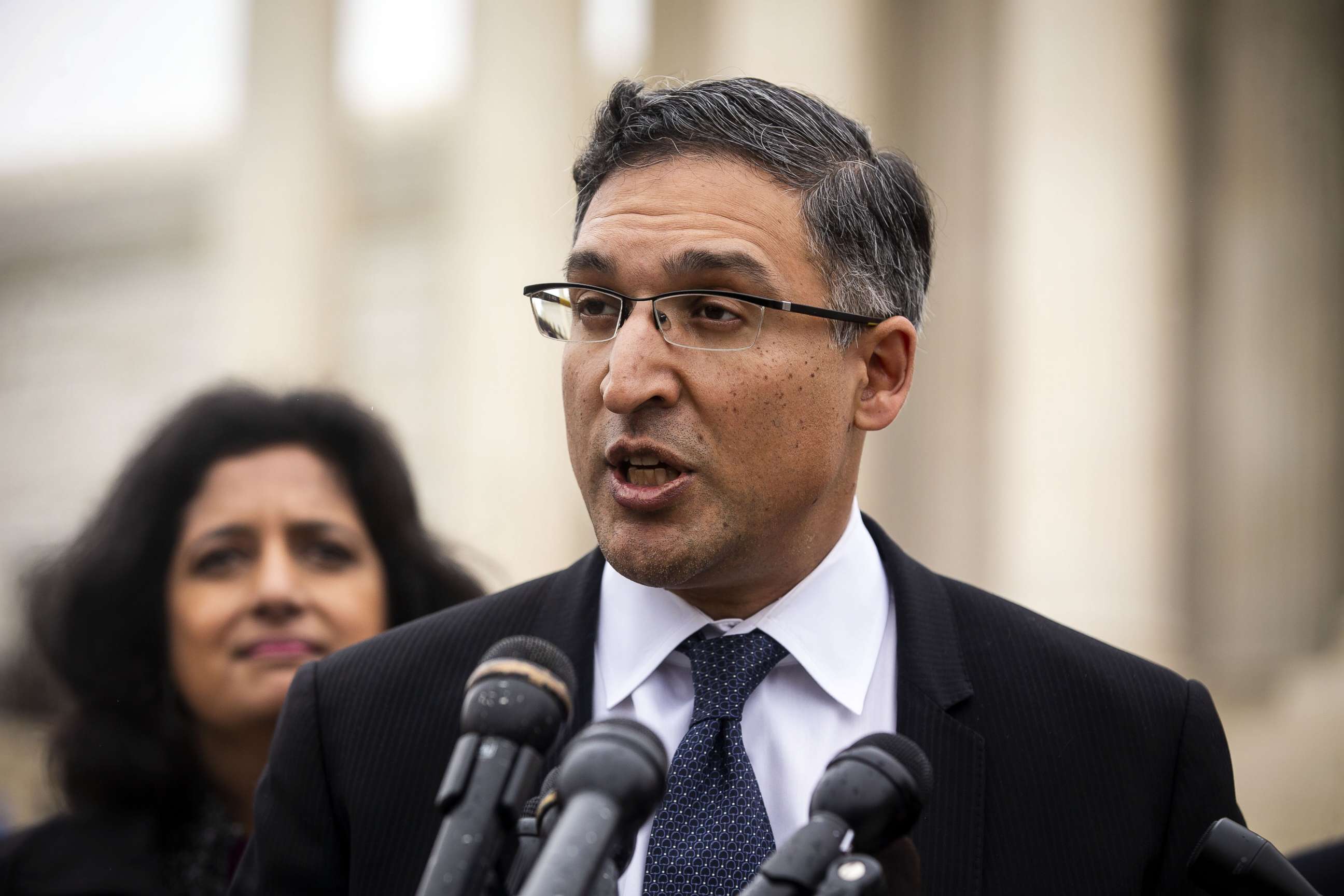 PHOTO: Attorney Neal Katyal speaks to members of the media outside the Supreme Court, April 25, 2018. 