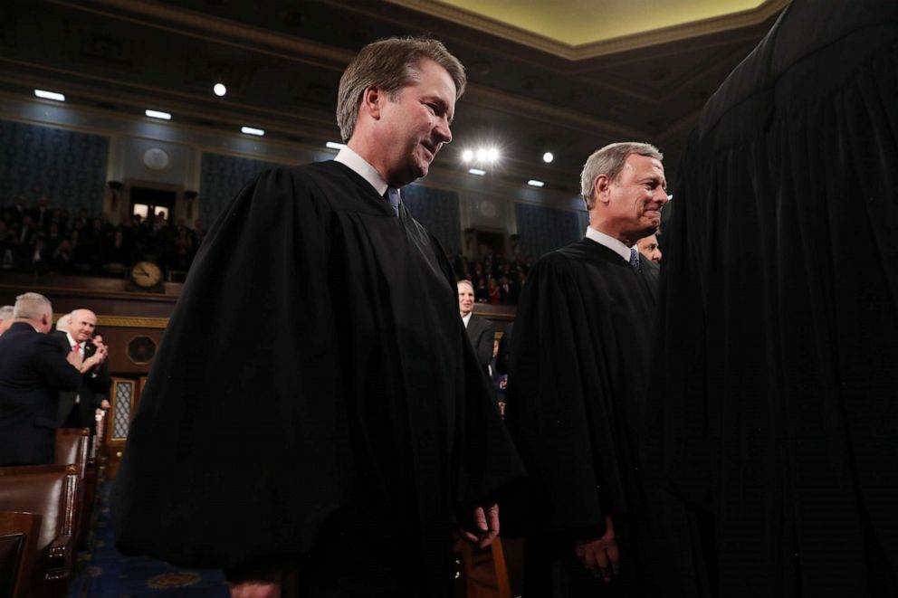 PHOTO: U.S. Supreme Court Associate Justice Brett Kavanaugh and Chief Justice John Roberts arrive to hear President Donald Trump deliver the State of the Union address in the House chamber on February 4, 2020 in Washington, DC.