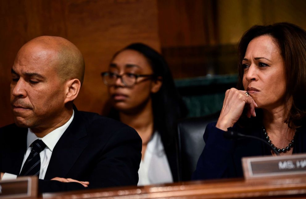 PHOTO: Senator Kamala Harris and Senator Cory Booker look on during a markup hearing on Capitol Hill in Washington, Sept. 28, 2018.