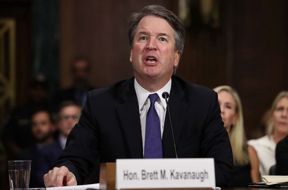 PHOTO: Judge Brett Kavanaugh testifies to the Senate Judiciary Committee during his Supreme Court confirmation hearing in the Dirksen Senate Office Building on Capitol Hill Sept. 27, 2018, in Washington.