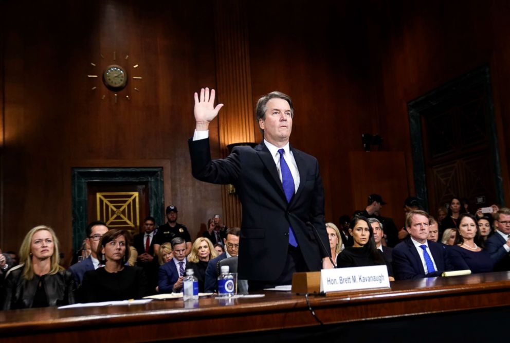 PHOTO: Supreme court nominee Brett Kavanaugh is sworn in to testify before the Senate Judiciary Committee on Capitol Hill in Washington, Sept. 27, 2018.