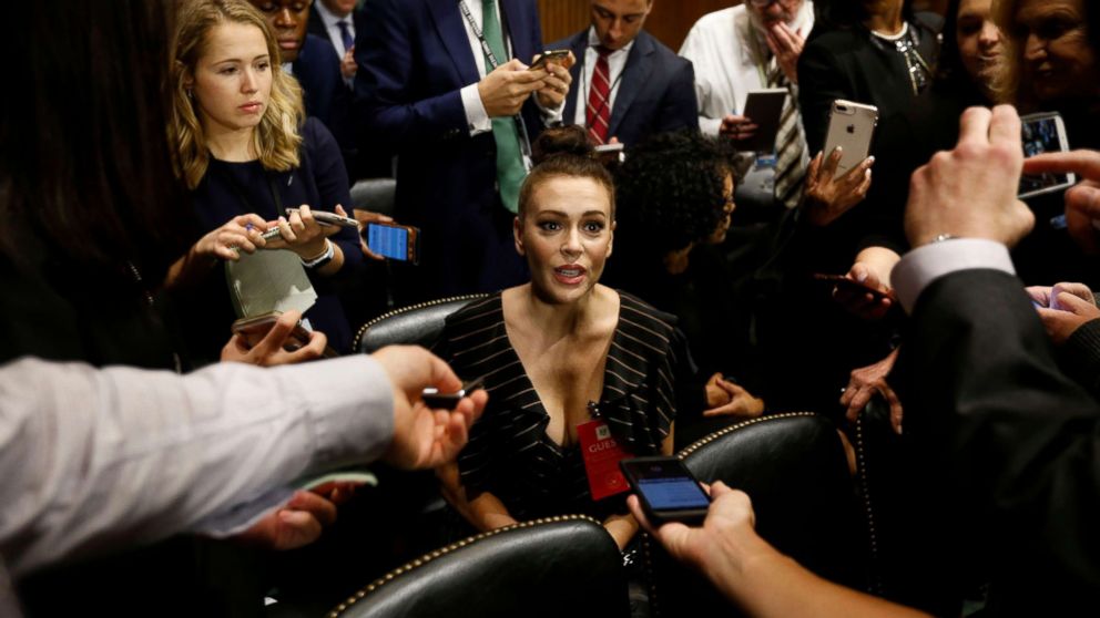 PHOTO: Actress Alyssa Milano talks to media before the Senate Judiciary Committee hearing on the nomination of Brett Kavanaugh to be an associate justice of the Supreme Court in Washington, Sept. 27, 2018.