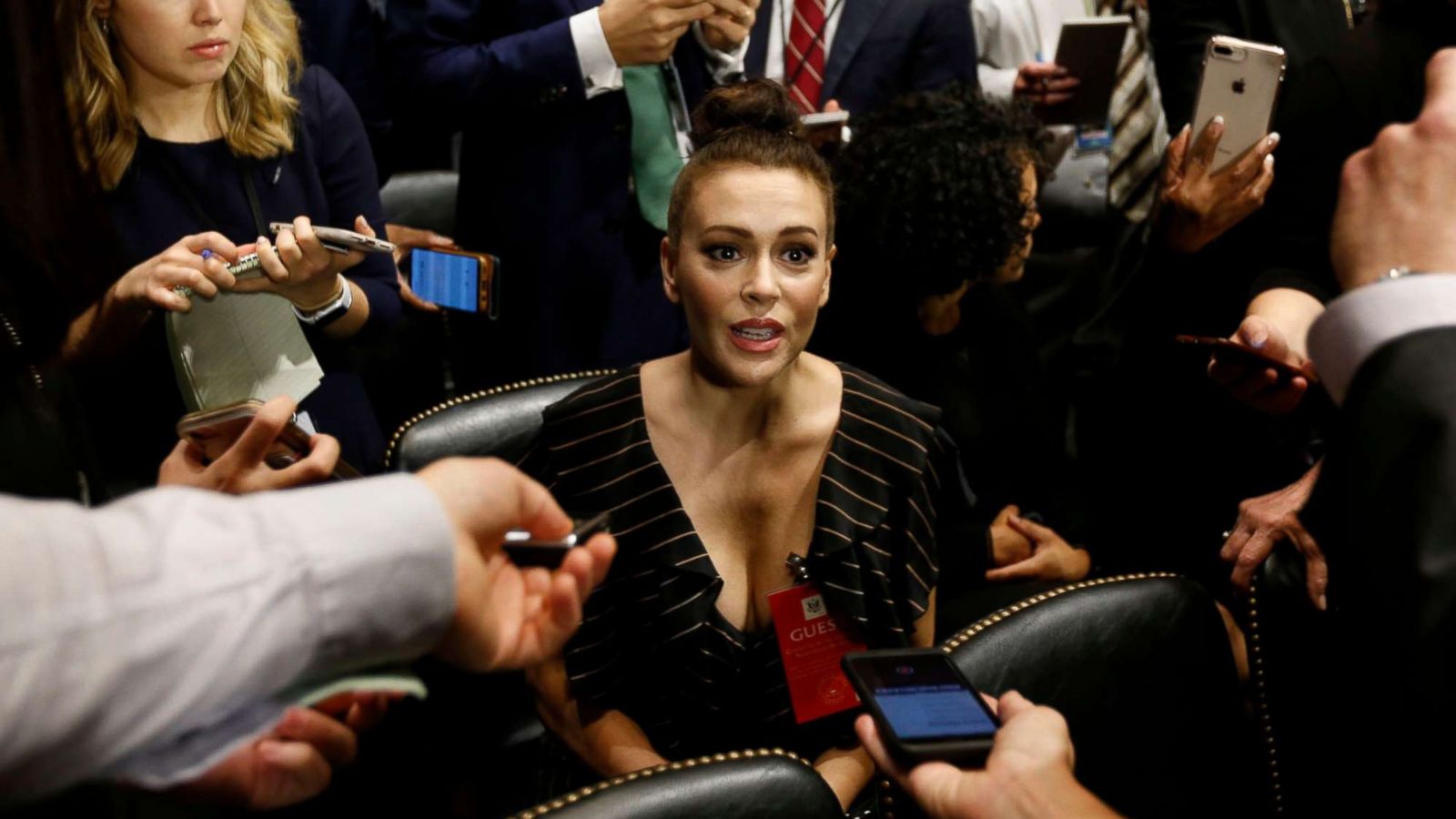 PHOTO: Actress Alyssa Milano talks to media before the Senate Judiciary Committee hearing on the nomination of Brett Kavanaugh to be an associate justice of the Supreme Court in Washington, Sept. 27, 2018.