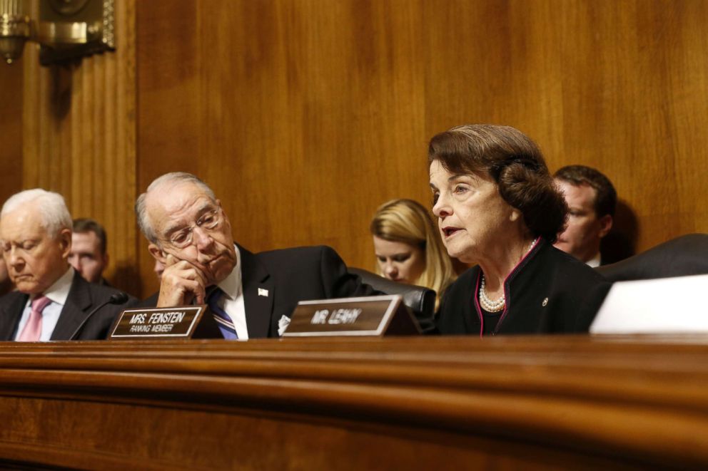 PHOTO: Senator Chuck Grassley listens to Senator Dianna Feinstein at the Senate Judiciary Committee hearing on Capitol Hill in Washington, Sept. 27, 2018.