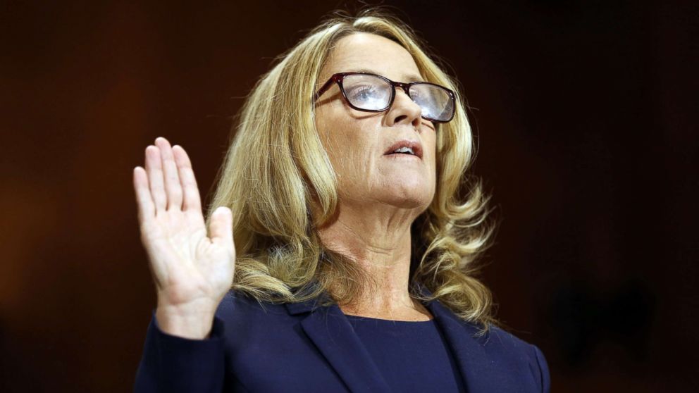 PHOTO: Professor Christine Blasey Ford is sworn in to testify before a Senate Judiciary Committee confirmation hearing for Kavanaugh on Capitol Hill, in Washington, Sept. 27, 2018.