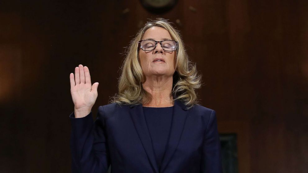PHOTO: Christine Blasey Ford is sworn in before testifying the Senate Judiciary Committee in the Dirksen Senate Office Building on Capitol Hill, Sept. 27, 2018 in Washington.
