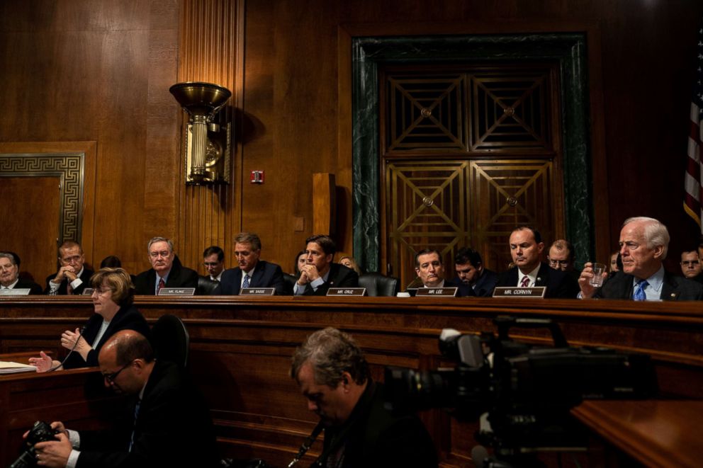 PHOTO: Senate Republicans attend a Senate Judiciary Committee hearing for Christine Blasey Ford to testify about sexual assault allegations against Supreme Court nominee Judge Brett M. Kavanaugh on Capitol Hill in Washington, Sept. 27, 2018.