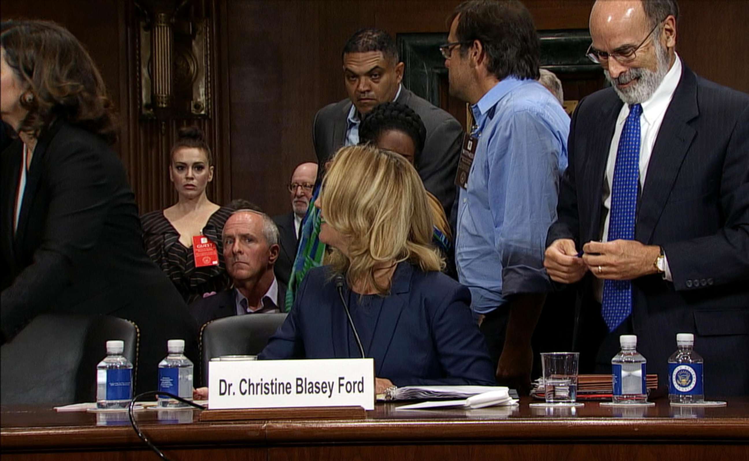 PHOTO: Alyssa Milano, left, watches during Christine Blasey Ford's testimony before the U.S. Senate Judiciary Committee on Capitol Hill in Washington, Sept. 27, 2018.