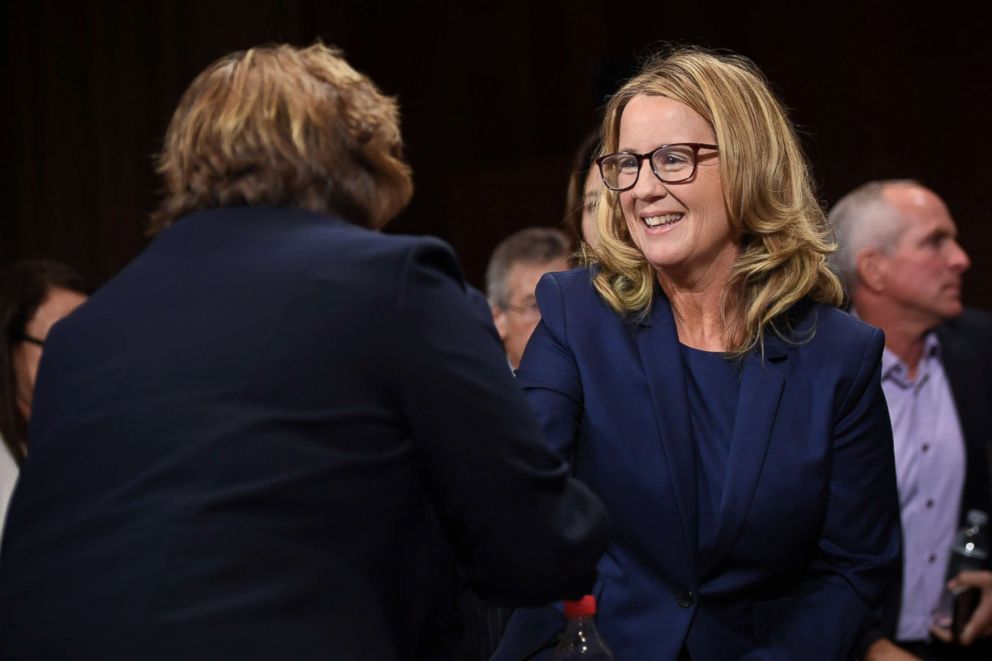 PHOTO: Christine Blasey Ford shakes hands with Rachel Mitchell, a prosecutor from Arizona, after she interrogated her before the Senate Judiciary Committee on Capitol Hill in Washington, Sept. 27, 2018.