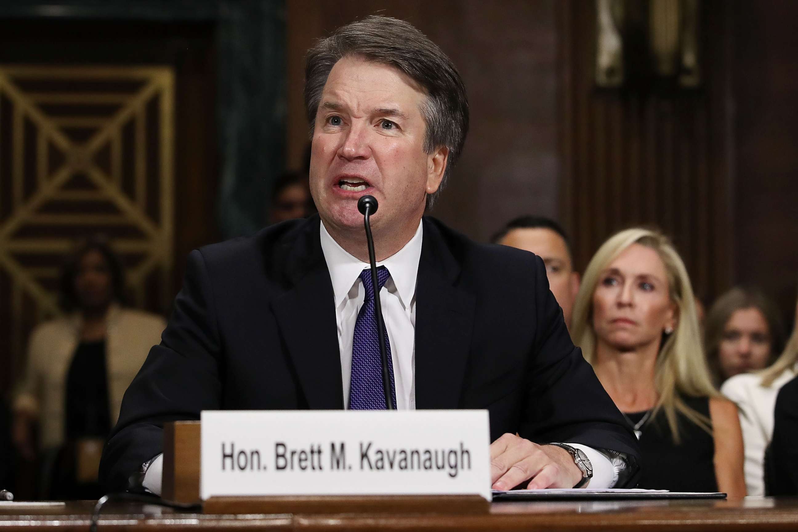 PHOTO: Judge Brett Kavanaugh testifies to the Senate Judiciary Committee during his Supreme Court confirmation hearing in the Dirksen Senate Office Building on Capitol Hill, Sept. 27, 2018 in Washington.