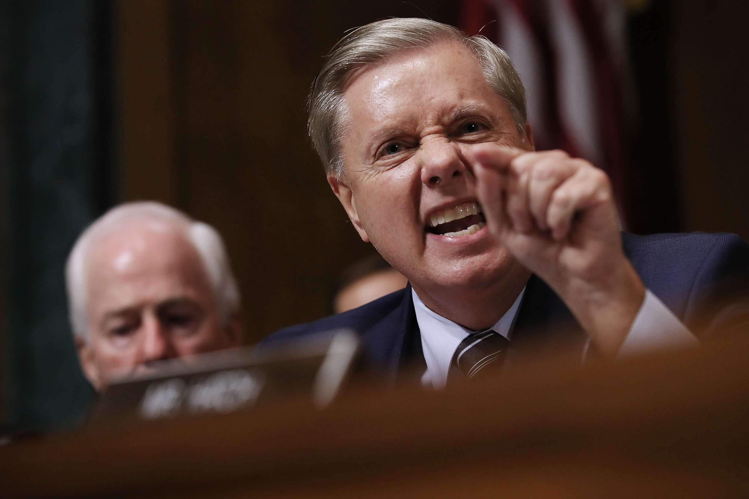 PHOTO: Senate Judiciary Committee member Sen. Lindsey Graham shouts while questioning Judge Brett Kavanaugh during his Supreme Court confirmation hearing on Capitol Hill, Sept. 27, 2018 in Washington.