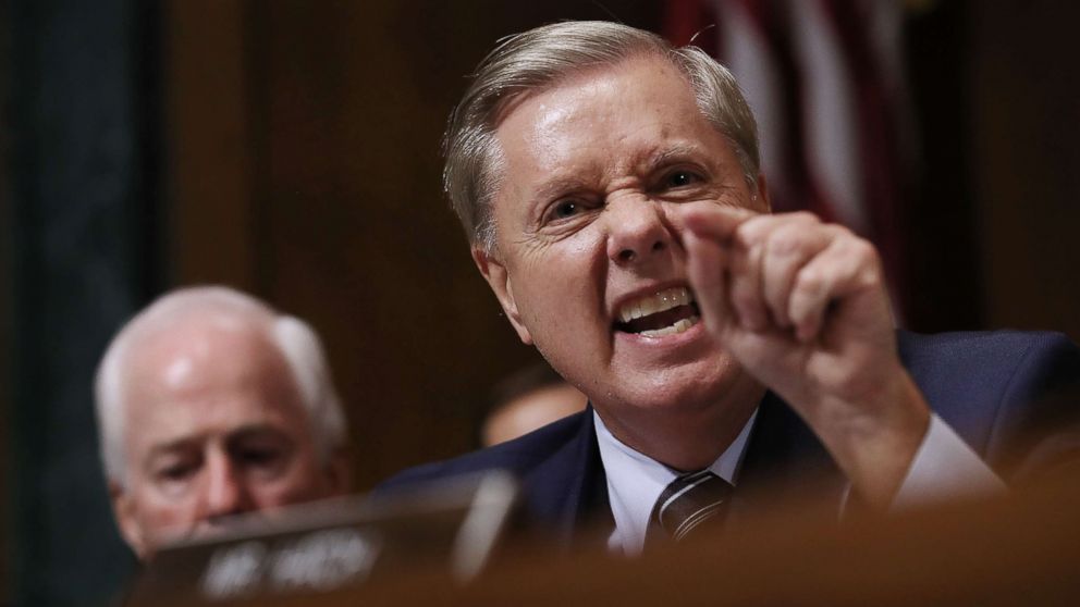 PHOTO: Senate Judiciary Committee member Sen. Lindsey Graham shouts while questioning Judge Brett Kavanaugh during his Supreme Court confirmation hearing on Capitol Hill, Sept. 27, 2018 in Washington.