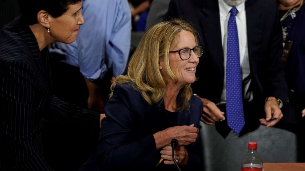 PHOTO: Christine Blasey Ford reacts near her attorney Debra Katz after she finished testifying before the Senate Judiciary Committee on Capitol Hill in Washington, Sept. 27, 2018.