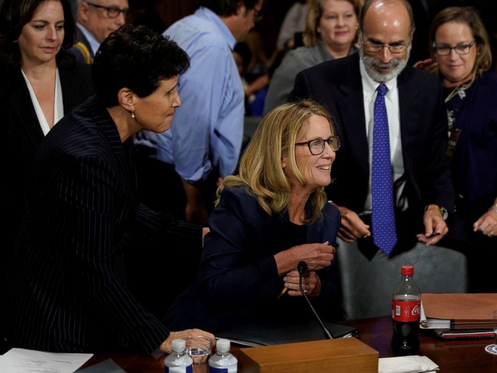 PHOTO: Christine Blasey Ford reacts near her attorney Debra Katz after she finished testifying before the Senate Judiciary Committee on Capitol Hill in Washington, Sept. 27, 2018.