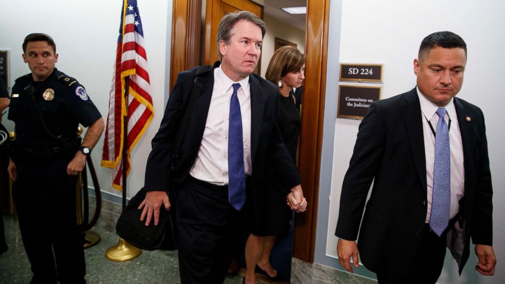 PHOTO: Supreme Court nominee Brett Kavanaugh and his wife Ashley Estes Kavanaugh, hold hands as they leave a holding room after a Senate Judiciary Committee hearing on Capitol Hill in Washington, Sept. 27, 2018.