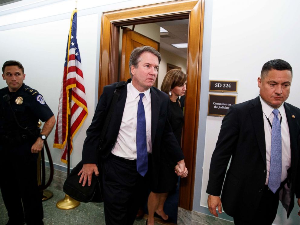 PHOTO: Supreme Court nominee Brett Kavanaugh and his wife Ashley Estes Kavanaugh, hold hands as they leave a holding room after a Senate Judiciary Committee hearing on Capitol Hill in Washington, Sept. 27, 2018.