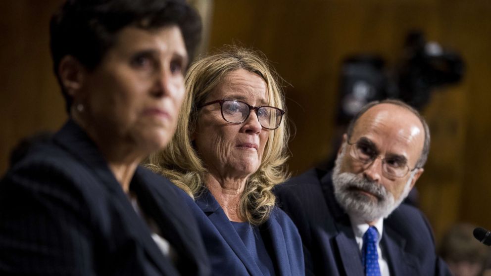 PHOTO: Dr. Christine Blasey Ford, flanked by attorneys Debra Katz and Michael Bromwich, testifies during a Senate Judiciary Committee hearing on Capitol Hill, Sept. 27, 2018 in Washington.