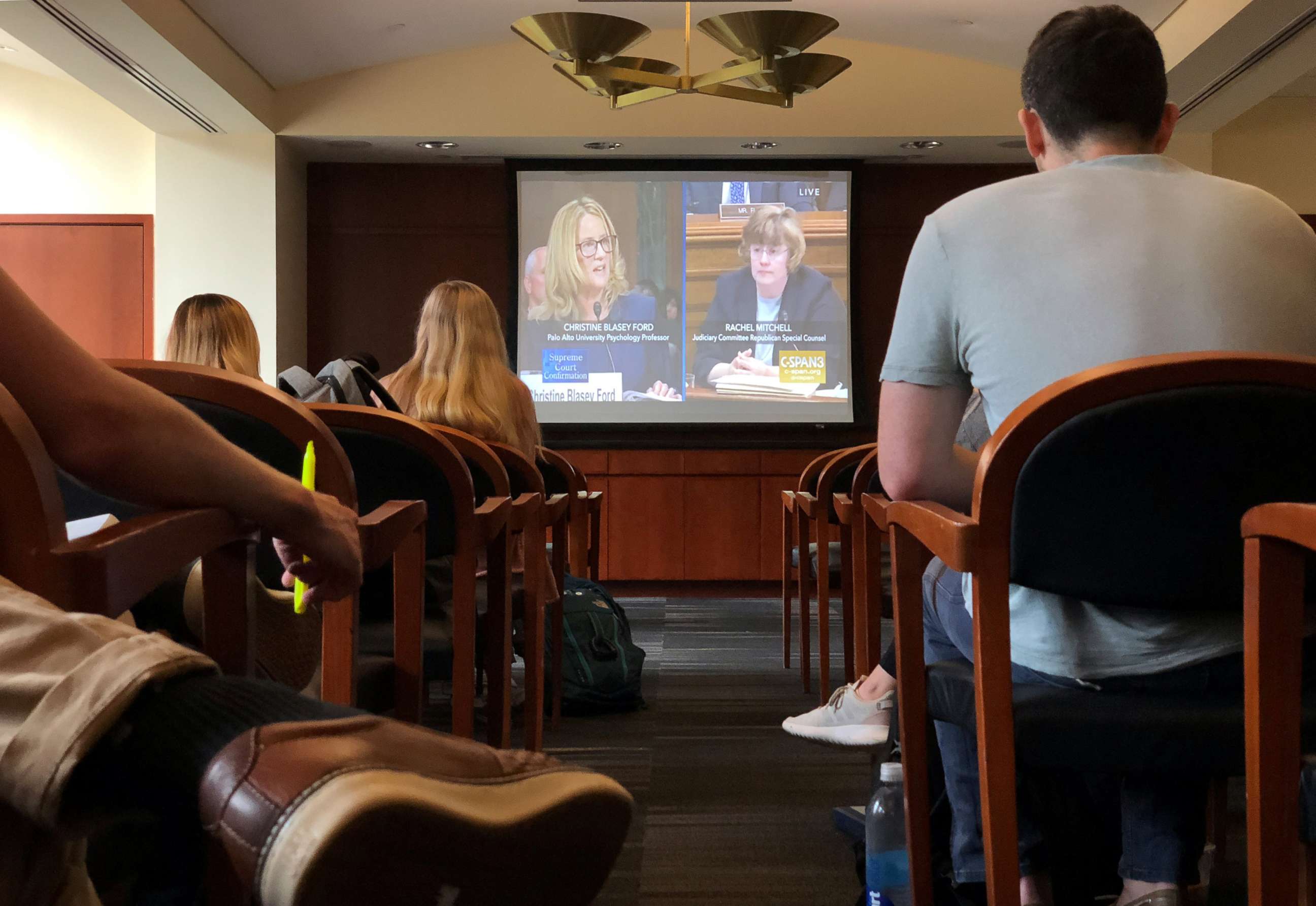 PHOTO: Students of the George Washington University Law School gather at Lisner Hall to watch the Senate Supreme Court confirmation hearing testimony from Christine Blasey Ford in Washington, Sept. 27, 2018.
