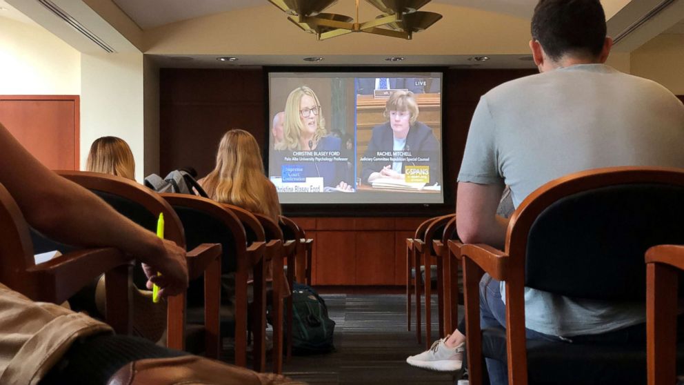 PHOTO: Students of the George Washington University Law School gather at Lisner Hall to watch the Senate Supreme Court confirmation hearing testimony from Christine Blasey Ford in Washington, Sept. 27, 2018.