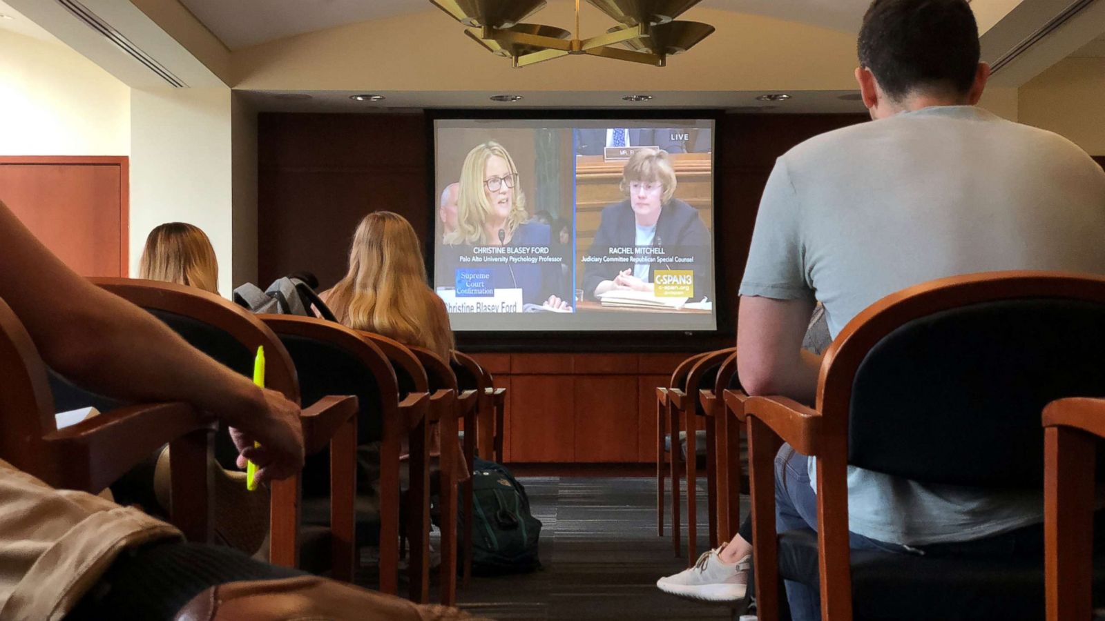 PHOTO: Students of the George Washington University Law School gather at Lisner Hall to watch the Senate Supreme Court confirmation hearing testimony from Christine Blasey Ford in Washington, Sept. 27, 2018.