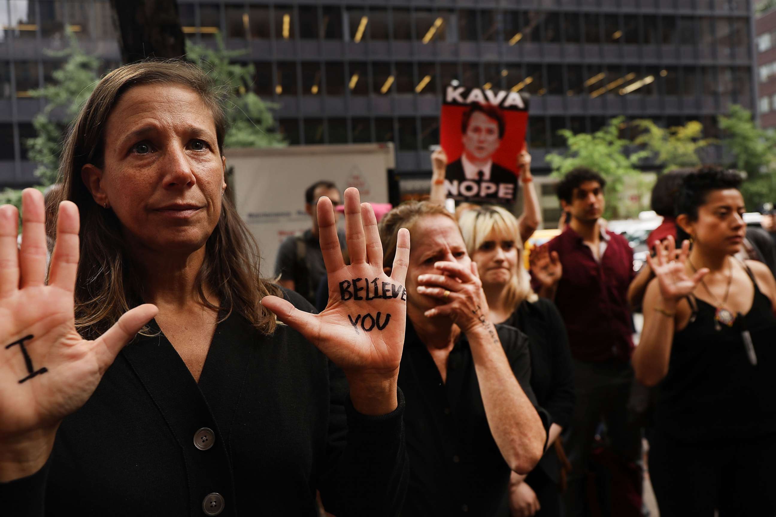 PHOTO: Dozens of protesters against the confirmation of Republican Supreme court nominee Judge Brett Kavanaugh gather outside of Democratic Senator Chuck Schumer's office in New York, Sept. 27, 2018.