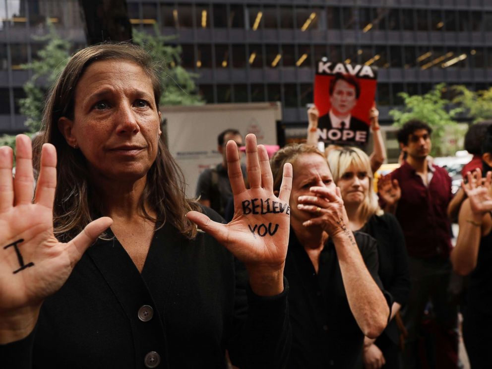 PHOTO: Dozens of protesters against the confirmation of Republican Supreme court nominee Judge Brett Kavanaugh gather outside of Democratic Senator Chuck Schumers office in New York, Sept. 27, 2018.