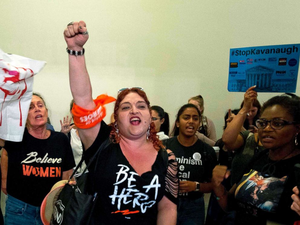 PHOTO: Protesters against US Supreme Court nominee Brett Kavanaugh chant outside the office of Senate Majority Leader Mitch McConnell, Republican of Kentucky, in Washington on Oct. 5, 2018.