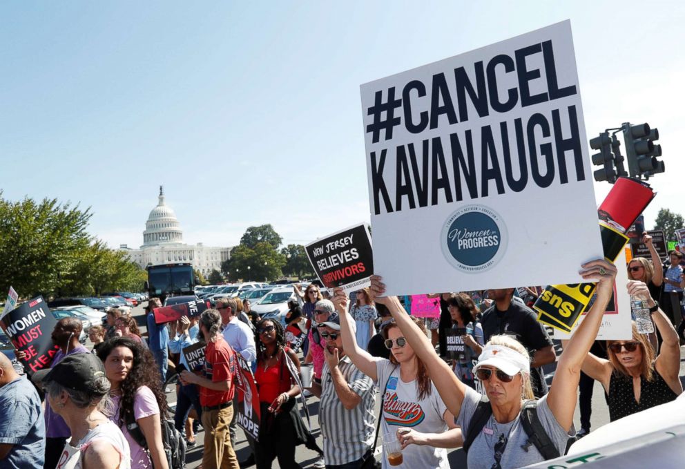 PHOTO: Activists hold a protest march and rally in opposition to U.S. Supreme Court nominee Brett Kavanaugh near the U.S. Capitol, in Washington, Oct. 4, 2018.