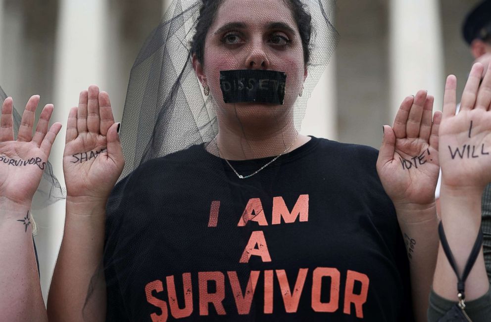 PHOTO: Activists occupy the front steps of the U.S. Supreme Court to protest the confirmation of Judge Brett Kavanaugh to the Supreme Court, Oct. 6, 2018 in Washington, D.C.