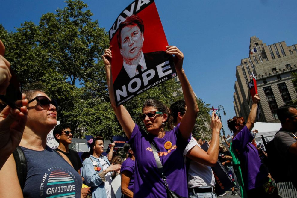 PHOTO: People take part in a protest against Supreme Court nominee Brett Kavanaugh, in front of the New York County Supreme Court at Foley Square in New York City, Aug. 26, 2018.