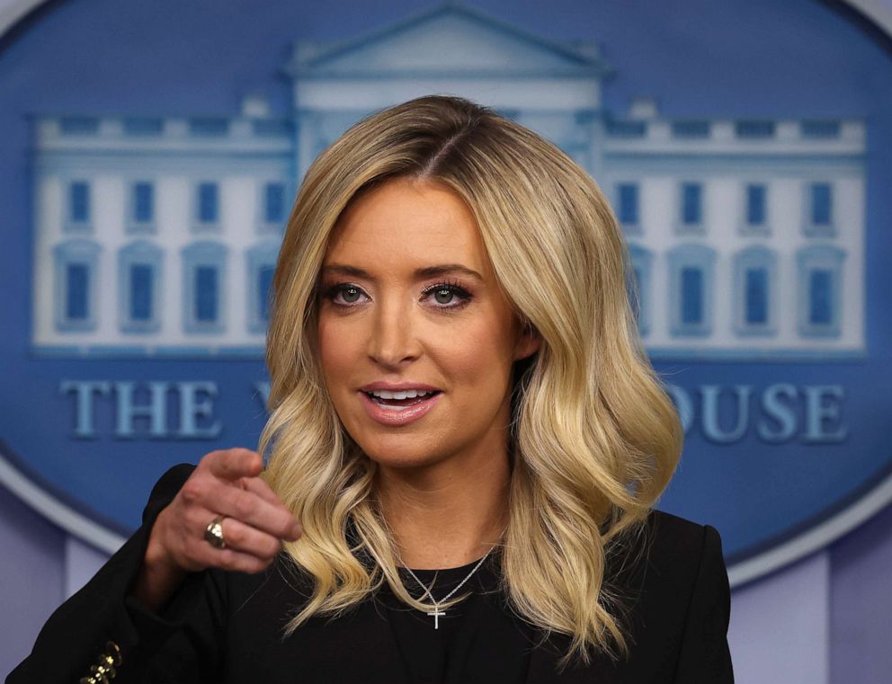 PHOTO: White House Press Secretary Kayleigh McEnany holds her first on-camera news conference in the James Brady Press Briefing Room at the White House, May 01, 2020, in Washington.