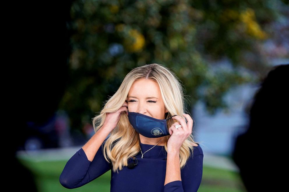 PHOTO: White House Press Secretary Kayleigh McEnany removes her mask before a television interview in Washington, Oct. 2, 2020.