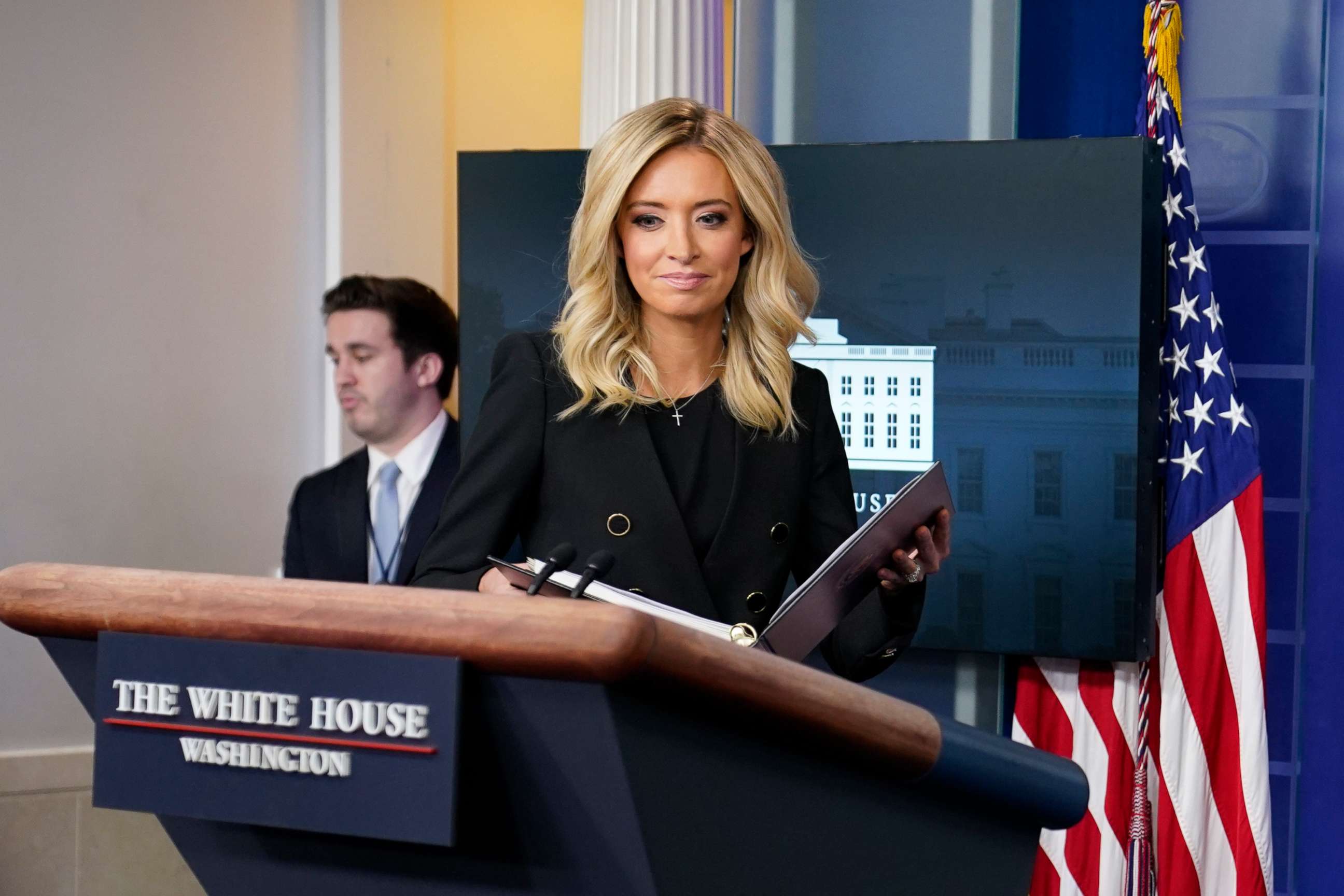 PHOTO: White House press secretary Kayleigh McEnany arrives to speak during a press briefing at the White House, May 1, 2020, in Washington.