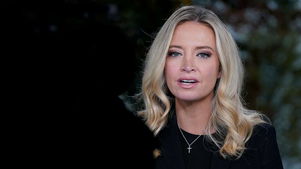 PHOTO: White House press secretary Kayleigh McEnany, is interviewed by Fox News, Oct. 4, 2020, at the White House in Washington.