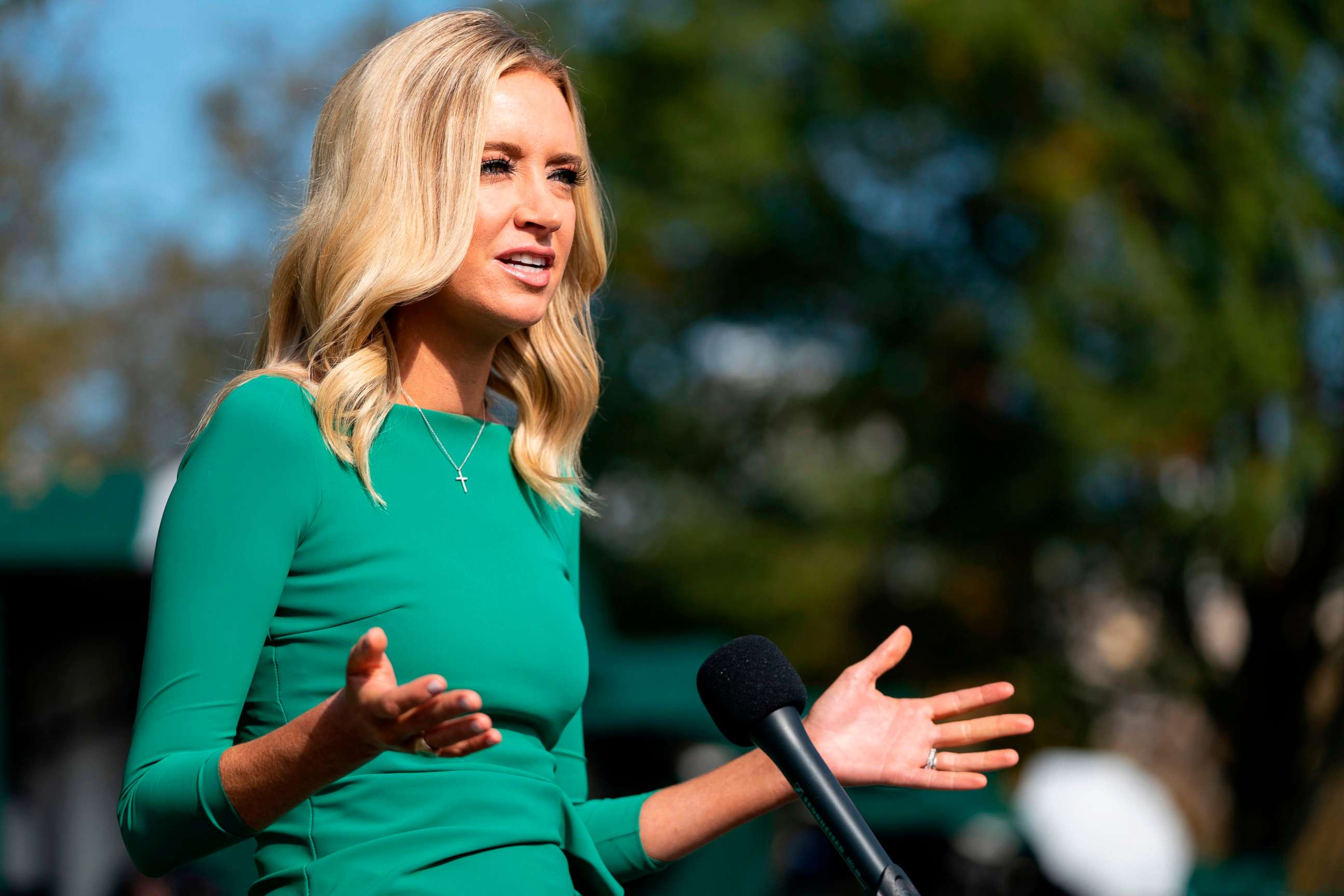 PHOTO: White House Press Secretary Kayleigh McEnany speaks with reporters at the White House in Washington, DC, Oct. 23, 2020.
